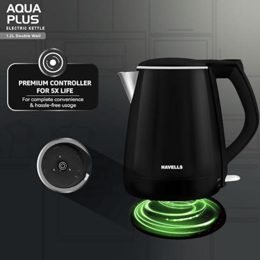 Havells Electric Kettle Aqua Plus 1250 Watts 1.2 liters , Double Layered Cool Touch Outer Body | 304 Rust Resistant SS Inner Body with Auto Shut Off | Wider Mouth | 2 Yr Manufacturer Warranty (Black) - Image 2